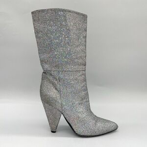 Steven Steve Madden Womens 39 9 Glitter Slouch Boot Shoe Silver Heel Bling Bling
